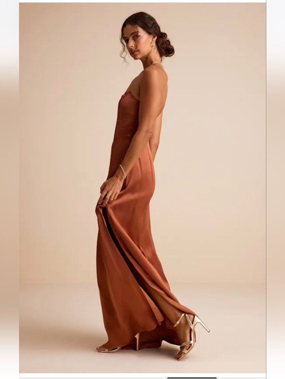 Lulus Extraordinary Presence Rust Brown Satin Strapless Maxi Dress - Size L - Picture 3 of 4
